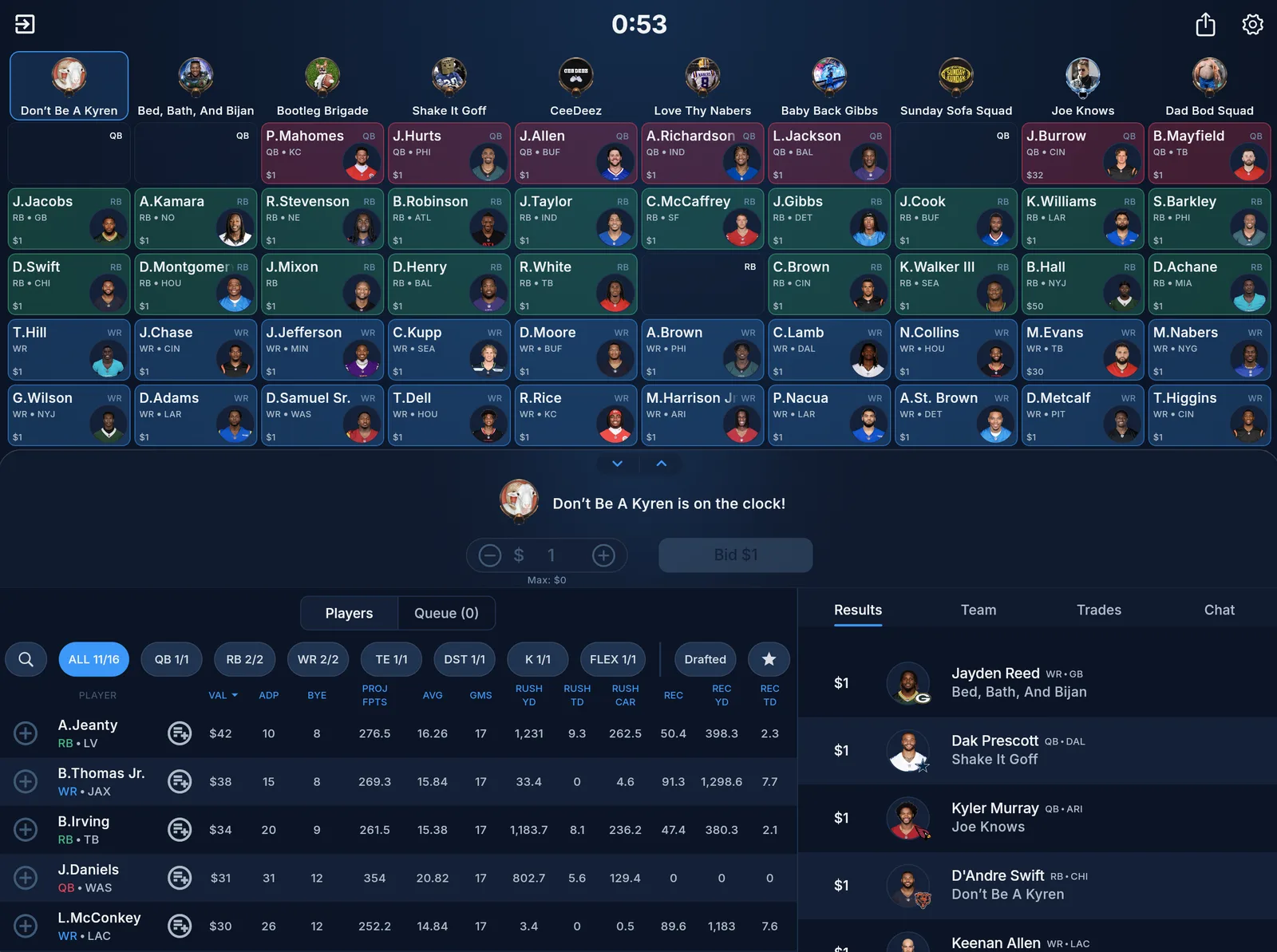 League Tycoon web app, slow auction draft with player bidding and team rosters