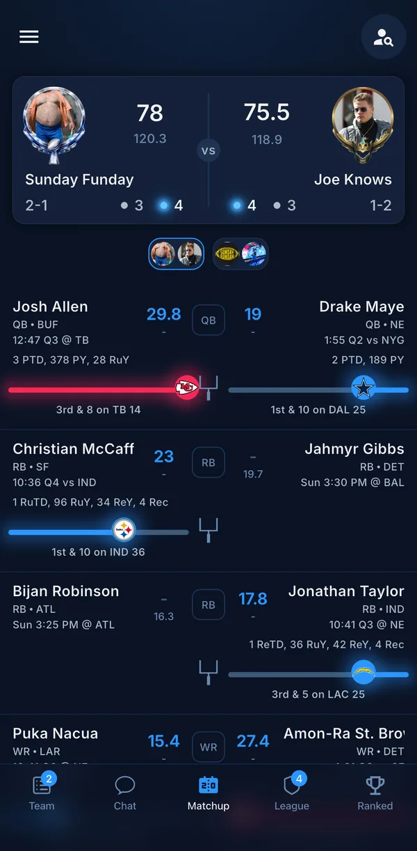League Tycoon mobile app showing dynasty league matchup with real-time scores